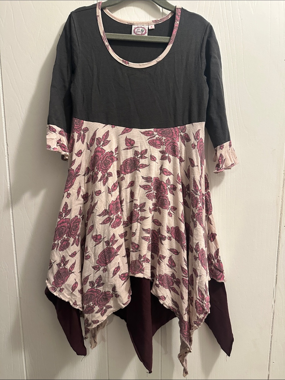 Girls Black Top with Pink Floral Handkerchief Hem Dress